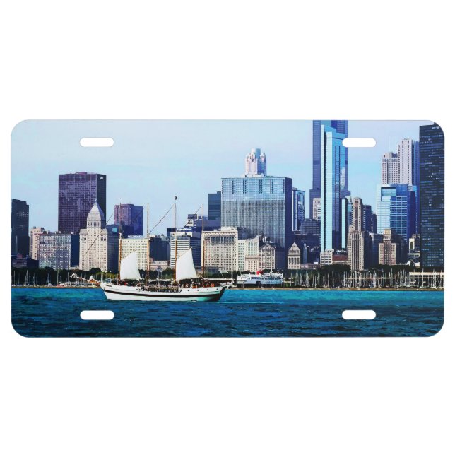 Chicago IL - Schooner Against Chicago Skyline License Plate (Front)