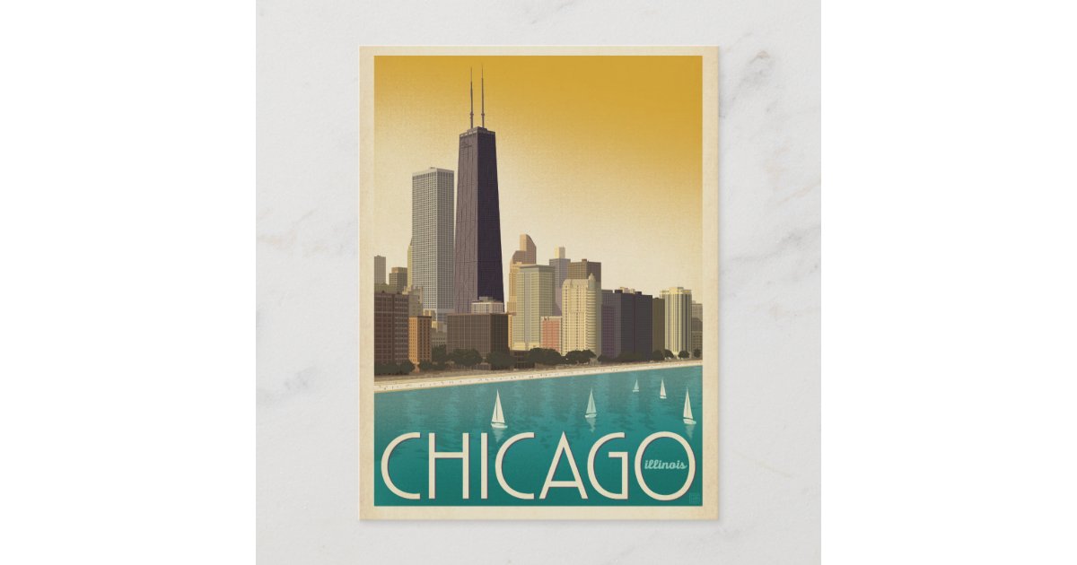 Chicago script logo in red postcard, Zazzle