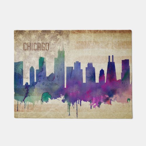 Chicago IL  Watercolor City Skyline Doormat