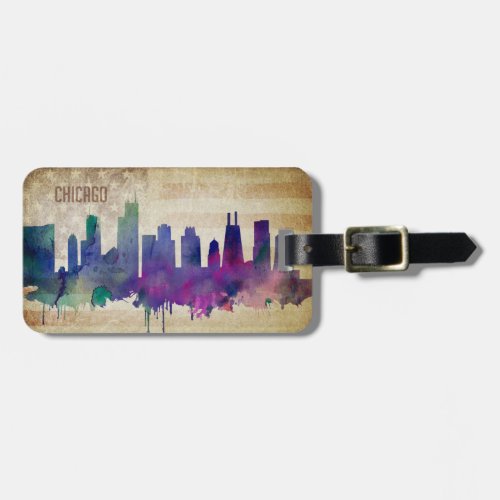 Chicago IL  Watercolor City Skyline Luggage Tag