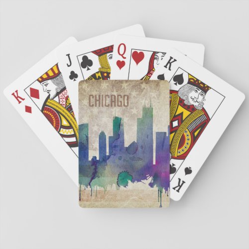 Chicago IL  Watercolor City Skyline Poker Cards