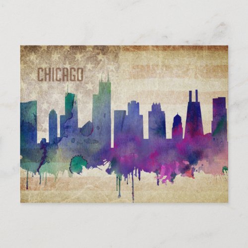 Chicago IL  Watercolor City Skyline Postcard