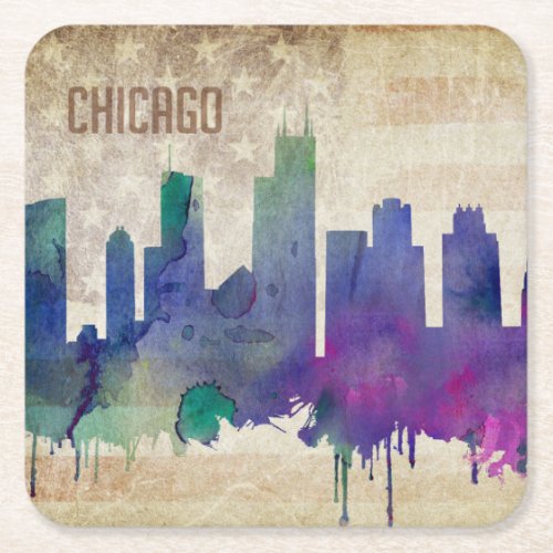 Chicago IL  Watercolor City Skyline Square Paper Coaster