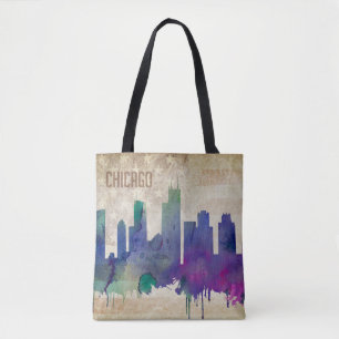 Chicago, IL Watercolor City Skyline Tote Bag
