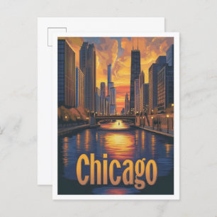 Chicago Illinois Art Vintage Travel Illustration Postcard