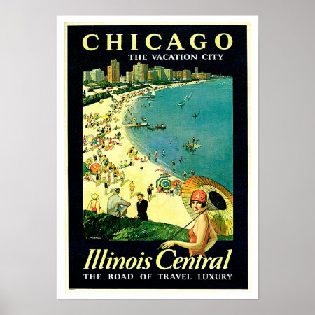 Chicago Illinois Beach Vintage Travel Poster