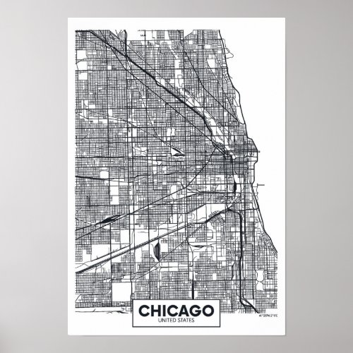 Chicago Illinois  Black and White City Map Poster