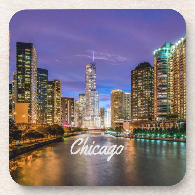 Chicago Illinois City At Night Beverage Coaster (Front)