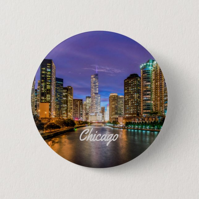 Chicago Illinois City At Night Button (Front)