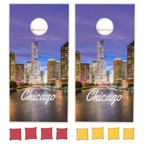 Chicago Illinois City At Night Cornhole Set