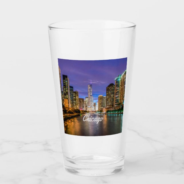 Chicago Illinois City At Night Glass (Front)