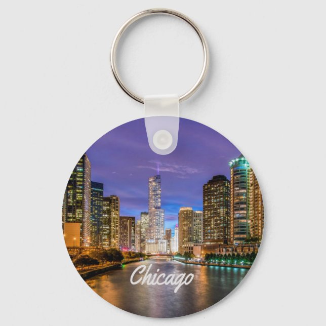 Chicago Illinois City At Night Keychain (Front)