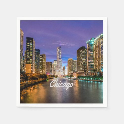 Chicago Illinois City At Night Napkins