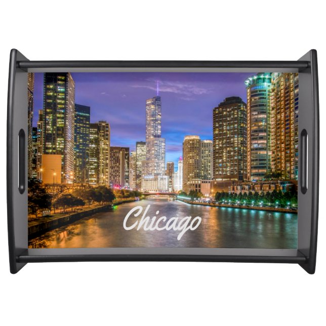 Chicago Illinois City At Night Serving Tray (Front)