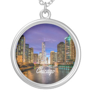 Chicago Illinois City At Night Silver Plated Necklace