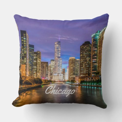 Chicago Illinois City At Night Throw Pillow