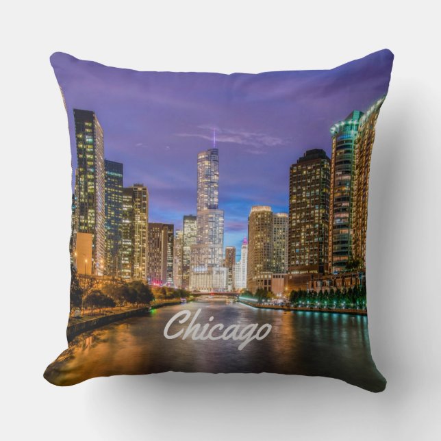 Chicago Illinois City At Night Throw Pillow (Front)