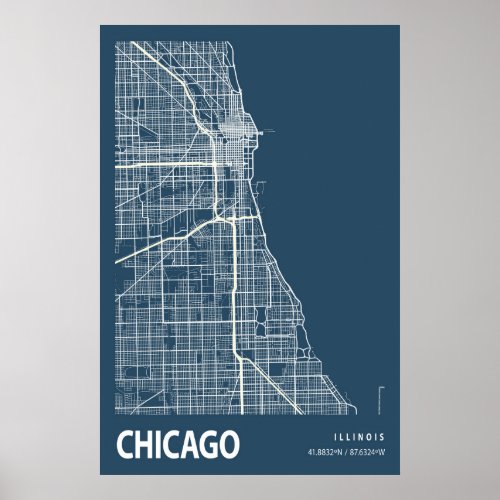 Chicago Illinois City Map Line Art Blue Print