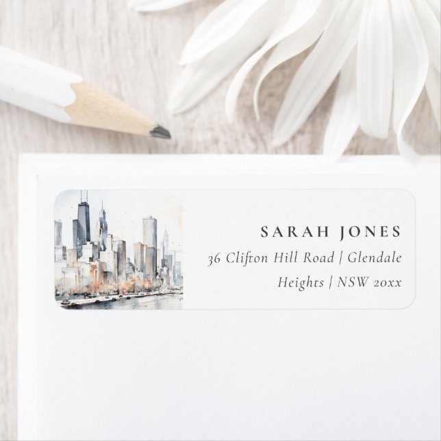 Chicago, Illinois City Scape Watercolor Address Label (Insitu)