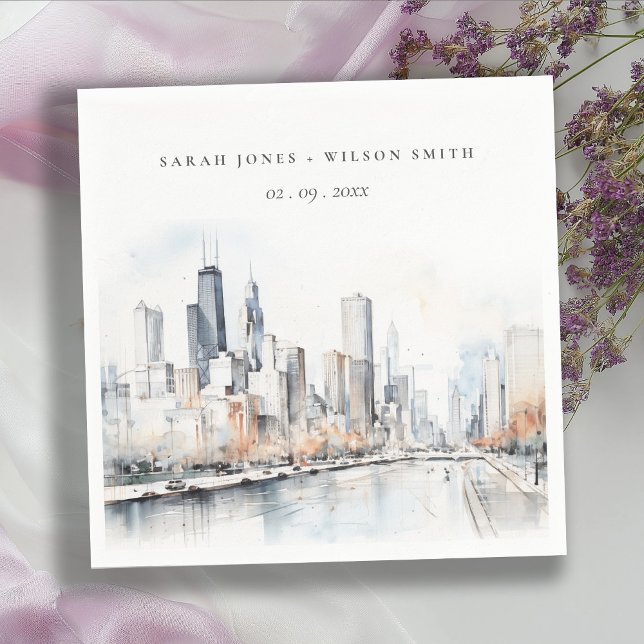 Chicago, Illinois City Scape Watercolor Wedding Napkins (Creator Uploaded)