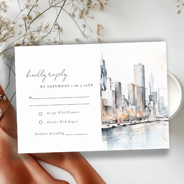 Chicago Illinois City Scape Watercolor Wedding RSVP Card (Creator Uploaded)