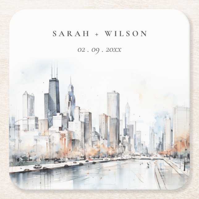 Chicago, Illinois City Scape Watercolor Wedding Square Paper Coaster (Front)