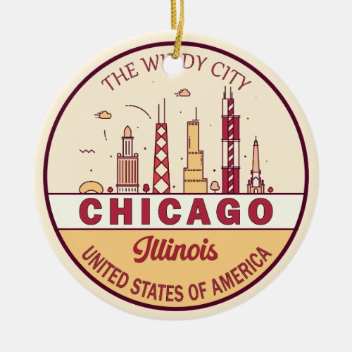 Chicago Illinois City Skyline Emblem Ceramic Ornament