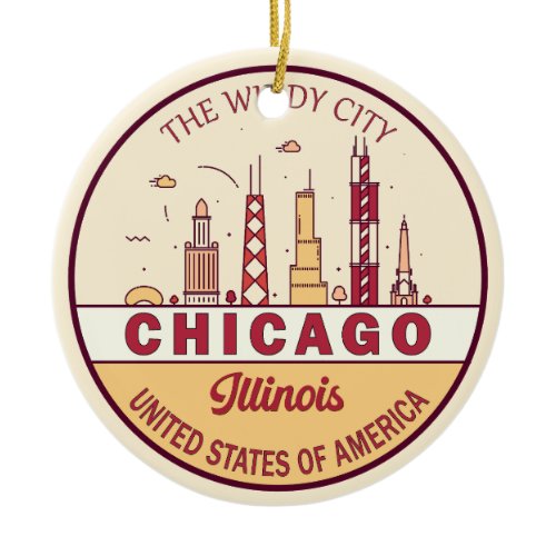 Chicago Illinois City Skyline Emblem Ceramic Ornament