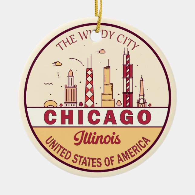Chicago Illinois City Skyline Emblem Ceramic Ornament (Front)