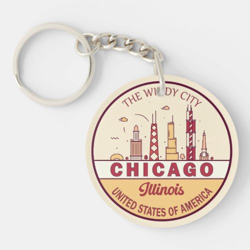 Chicago Illinois City Skyline Emblem Keychain