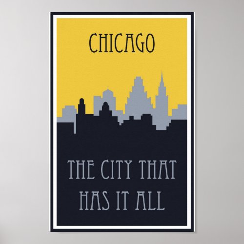 Chicago Illinois City Skyline Vintage Travel Poster