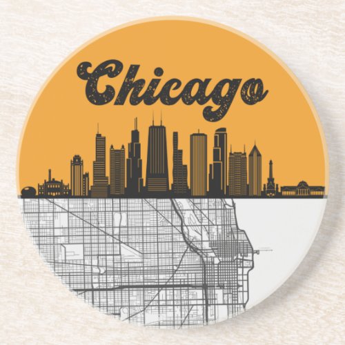 Chicago Illinois City Skyline With Map Coaster