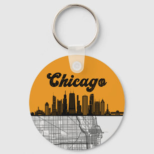 Chicago Illinois City Skyline With Map Keychain
