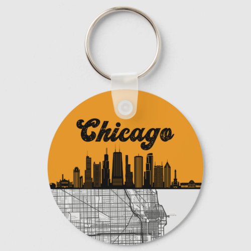 Chicago Illinois City Skyline With Map Keychain