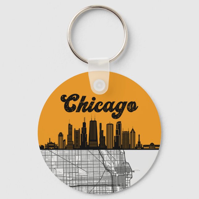 Chicago Illinois City Skyline With Map Keychain (Front)
