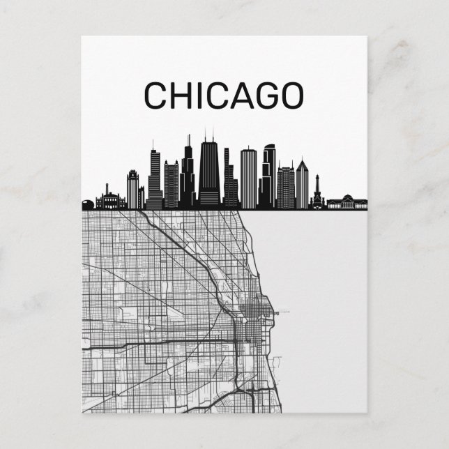 Chicago Illinois City Skyline With Map Postcard (Front)
