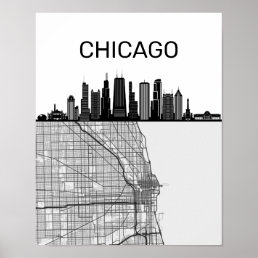 Chicago Illinois City Skyline With Map Poster