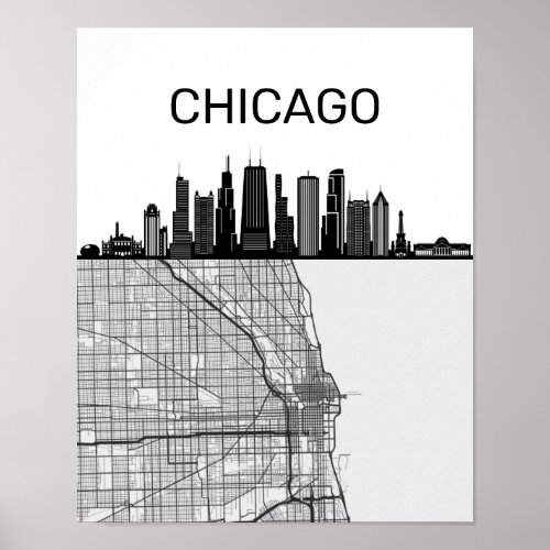 Chicago Illinois City Skyline With Map Poster