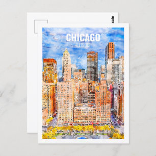 Chicago Illinois Famous Travel Watercolor Sketch Postcard