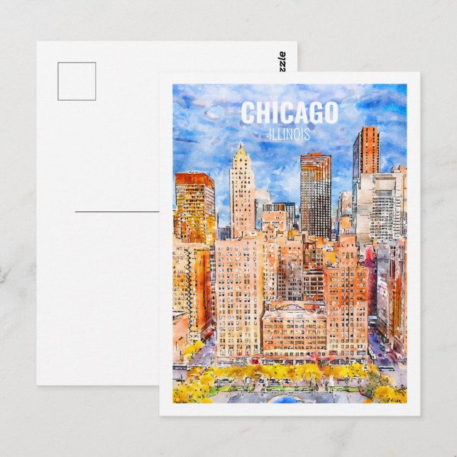 Chicago Illinois Famous Travel Watercolor Sketch Postcard (Front/Back)