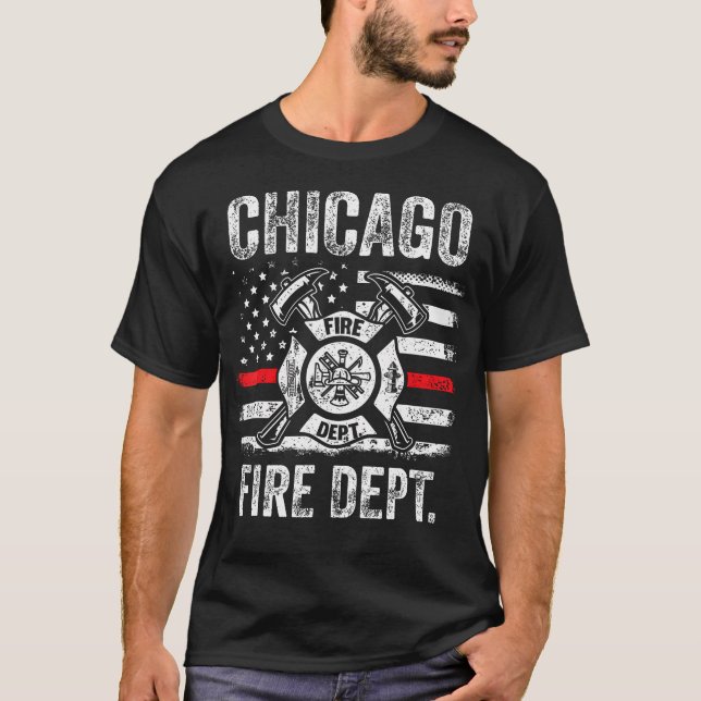 Chicago Illinois Fire Department Thin Red Line Fir T-Shirt (Front)