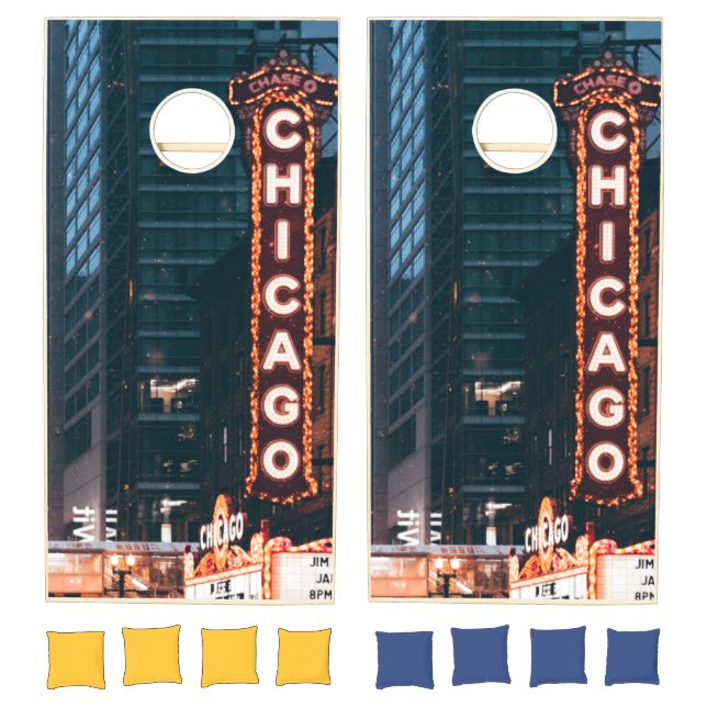 Chicago Illinois Neon Sign At Night Cornhole Set (Set)