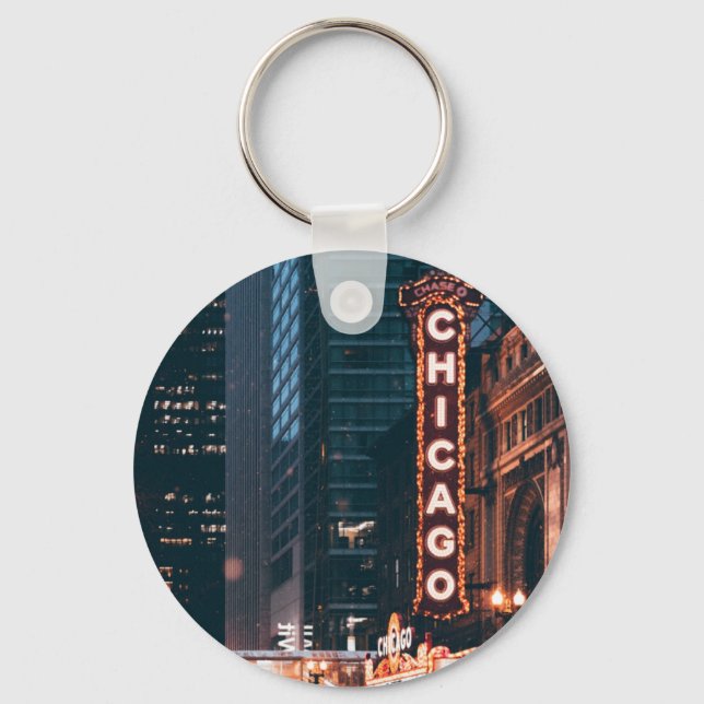 Chicago Illinois Neon Sign At Night Keychain (Front)