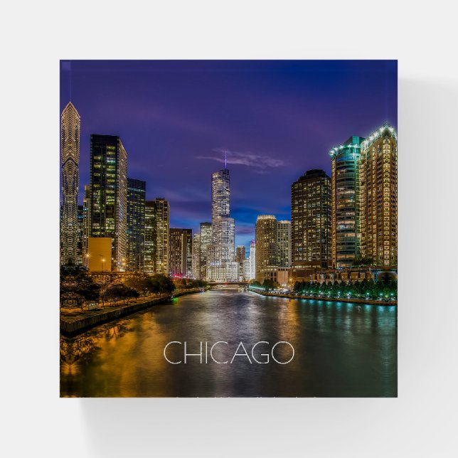 Chicago, Illinois Nightscape ID606 Paperweight (Front)