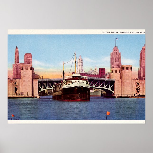 Chicago Illinois Outer Drive Bridge and Skyline Poster (Front)