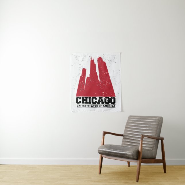 Chicago, Illinois | Red City Skyline Tapestry (In Situ)