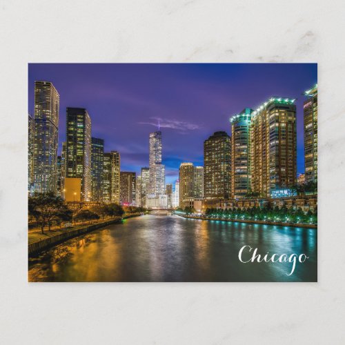 Chicago Illinois River Skyline at Night Photo Postcard