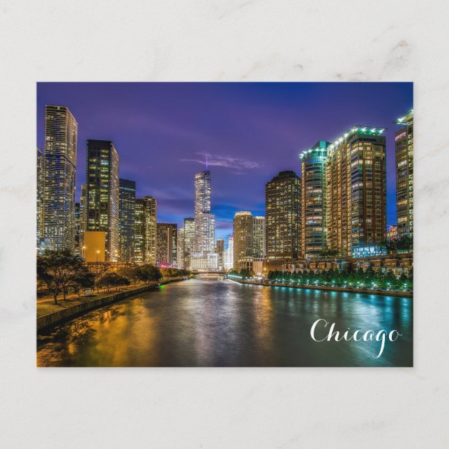 Chicago Illinois River Skyline at Night Photo Postcard (Front)