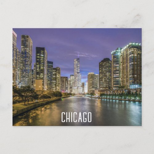 Chicago Illinois River Skyline at Night Travel  Postcard