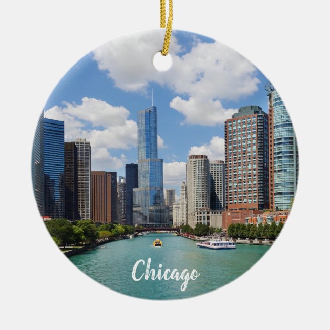 Chicago Illinois River Skyline Photo Christmas Ceramic Ornament (Front)